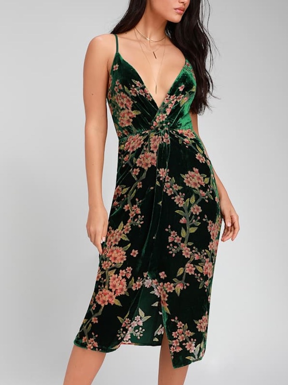 J.O.A. Adelais Dark Green Velvet Floral Midi Dress